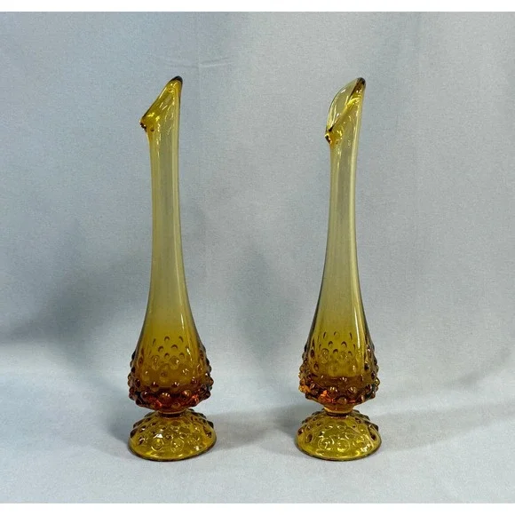 Vintage Pair Fenton Amber Glass Hobnail Swung Vases Footed Marked 10" MCM Retro - Picture 2 of 14